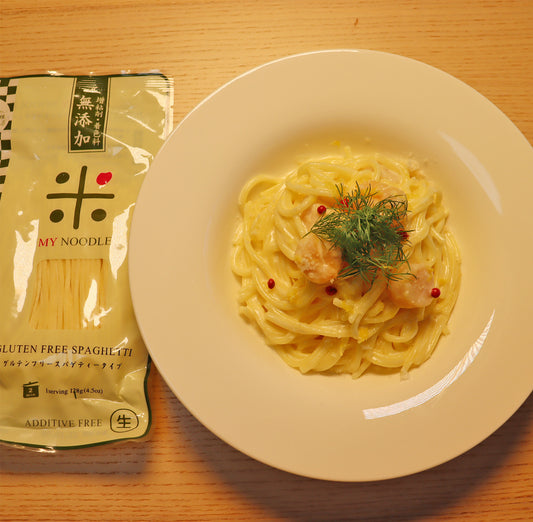 「マイヌードル 無添加グルテンフリースパゲティー」で帆立のレモンクリームパスタ