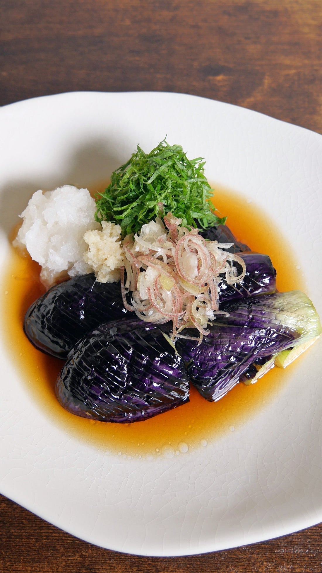 Fried Japanese Eggplant in Dashi Broth (Agebitashi) | Easy Mentsuyu Recipe