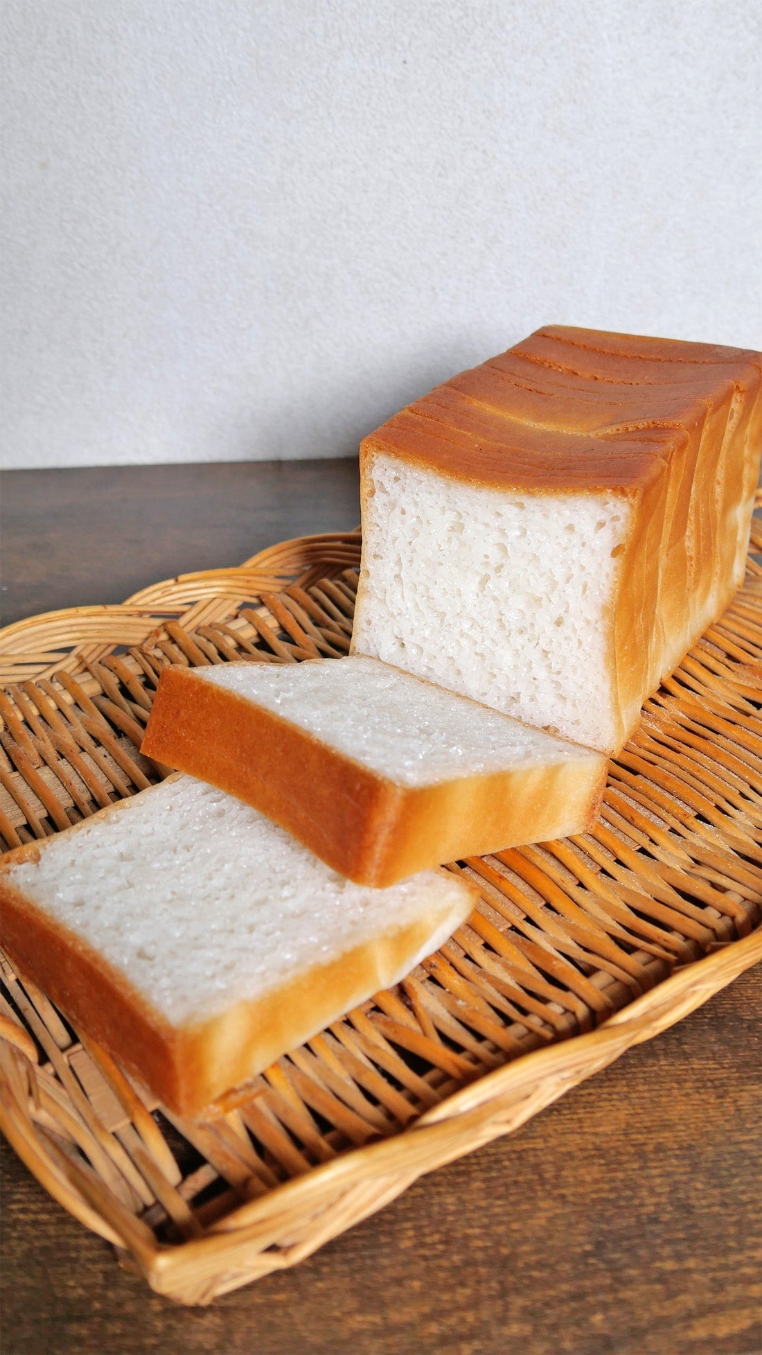 Gluten-free Japanese rice bread made from raw rice, sliced to show the crumb
