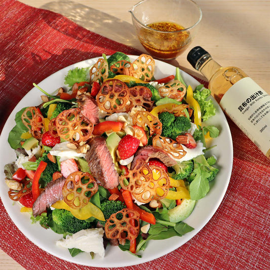 【グルテンフリー】無印良品「昆布の出汁酢」で粒マスタードドレッシングのステーキサラダ